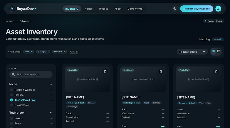 BoyaxDev asset inventory: filter sidebar for niche and tech stack next to a grid of website listings