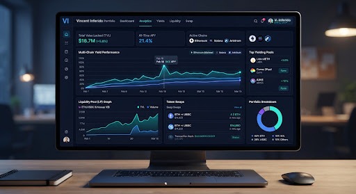 Dark high-contrast cryptocurrency DeFi analytics interface showing multi-chain yield curves, liquidity pool graphs, and token swaps in deep navy, electric blue and neon teal.