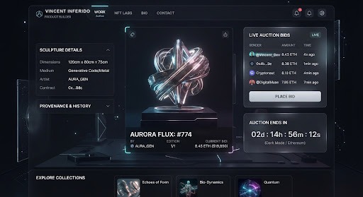 Sophisticated futuristic NFT art marketplace UI showcasing generative 3D sculptures, bids ledger, and transparent glass panels on deep obsidian background.