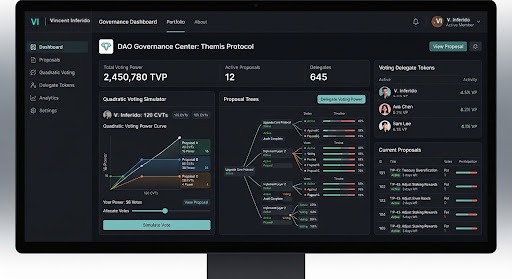 Complex governance dashboard for crypto decentralized autonomous organization showing quadratic voting simulator, proposal trees, and voting delegate tokens.
