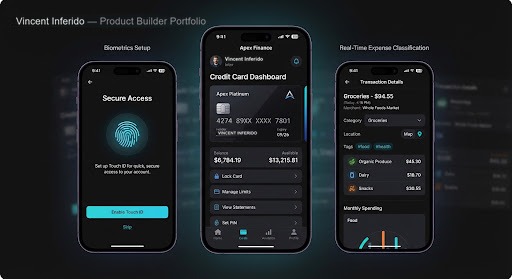 High-fidelity fintech mobile screens showing credit card management, biometrics onboarding, and real-time expense classification in dark mode UI.