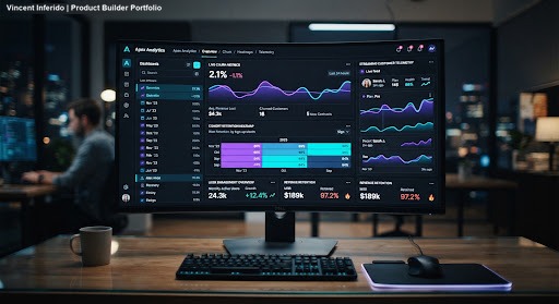 Futuristic dark SaaS analytics software showing live churn metrics, cohort heatmaps, and streaming customer telemetry cards with purple and neon cyan line charts.