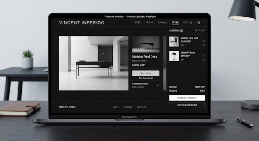 Minimalist luxury digital storefront interface with instant cart side-drawers, inventory counter widgets, and high resolution product photography in monochromatic dark mode.