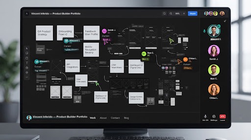 Collaborative infinite canvas UI with multiple user cursor tags in bright colors, wireframe sticky notes, and real-time audio room avatars floating on canvas.