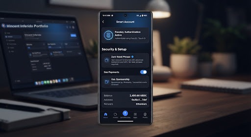 Sleek mobile Web3 crypto smart account interface showing passkey biometric authentication, zero seed phrase notice, and gas payment sponsorship toggle.