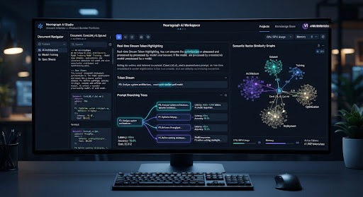 Technical AI document workspace featuring real-time stream token highlighting, prompt branching trees, and semantic vector similarity graphs in futuristic dark UI.