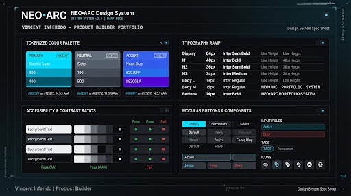 Strict geometric design system UI showcasing tokenized color palette cards, typography ramps, accessibility contrast ratios, and modular buttons in dark cyber aesthetic.