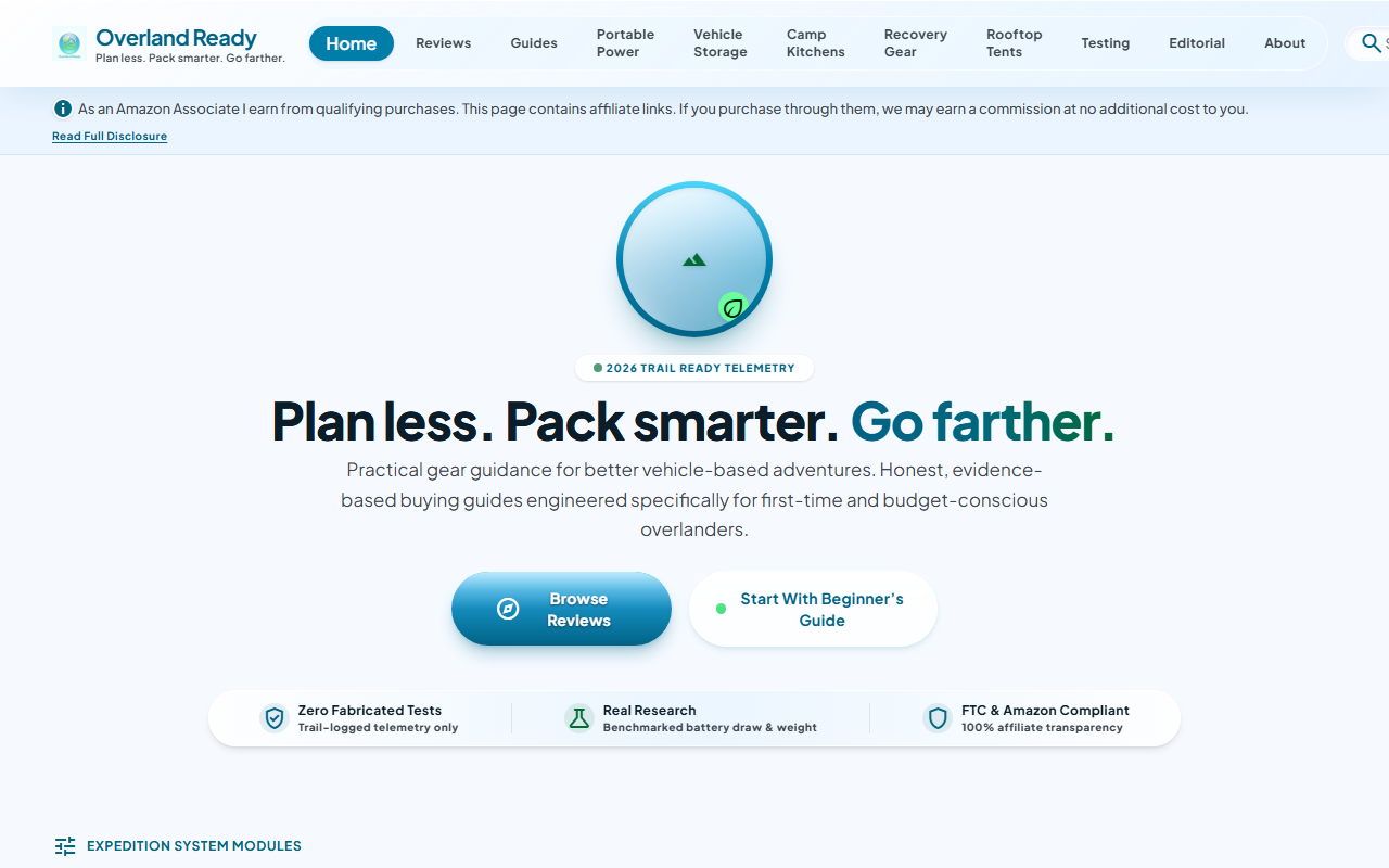 Overland Ready homepage: hero headline 'Plan less. Pack smarter. Go farther.' with review and beginner guide buttons