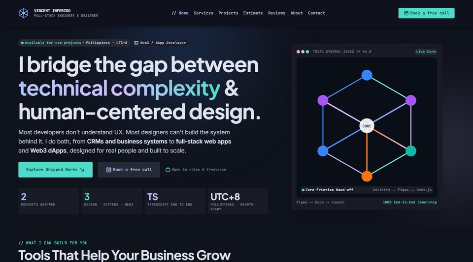 This portfolio's hero section: headline, live Ethereum gas ribbon and the triad node graphic