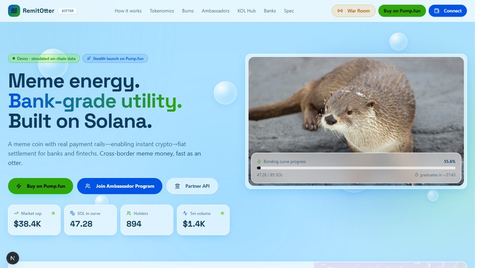 RemitOtter homepage: Meme energy, bank-grade utility, built on Solana, with an otter photo, bonding-curve progress and market stats