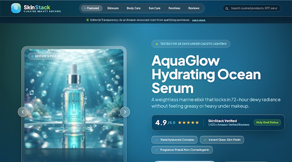 SkinStack homepage hero: AquaGlow Hydrating Ocean Serum product feature with a 4.9 rating and a check-price button